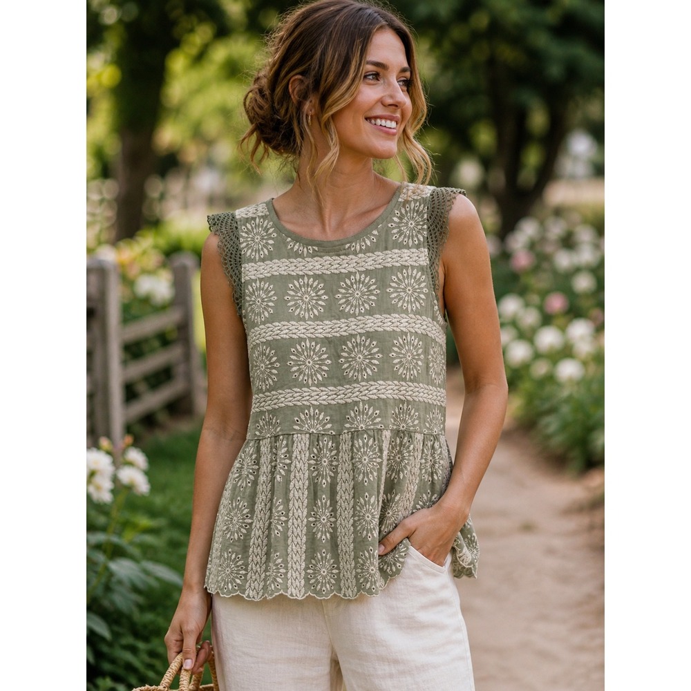 Bohme‎ Sage Eyelet Lace Peplum Top Cottagecore Prairie Romantic Meadow Boho Sz M